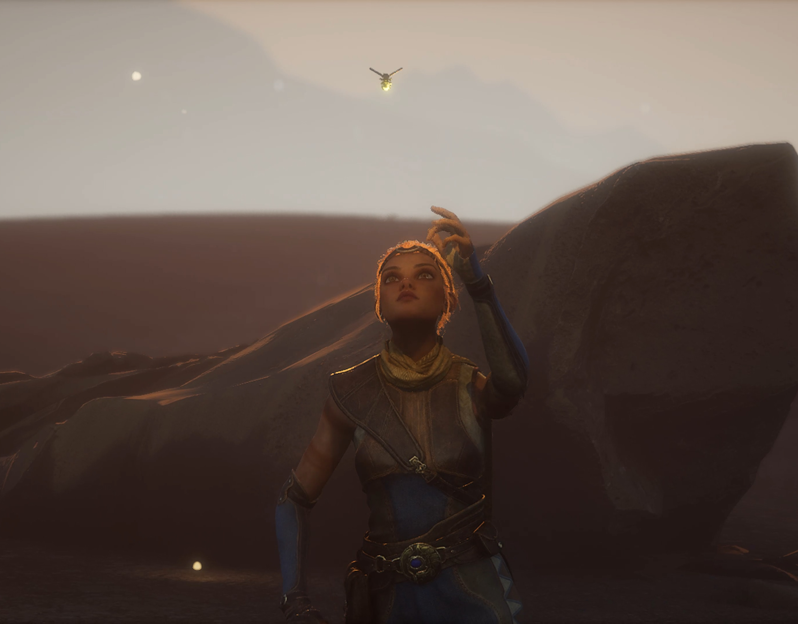 Still from Cause and Effect: a figure in golden armor reaches toward a firefly in a vast dusk landscape